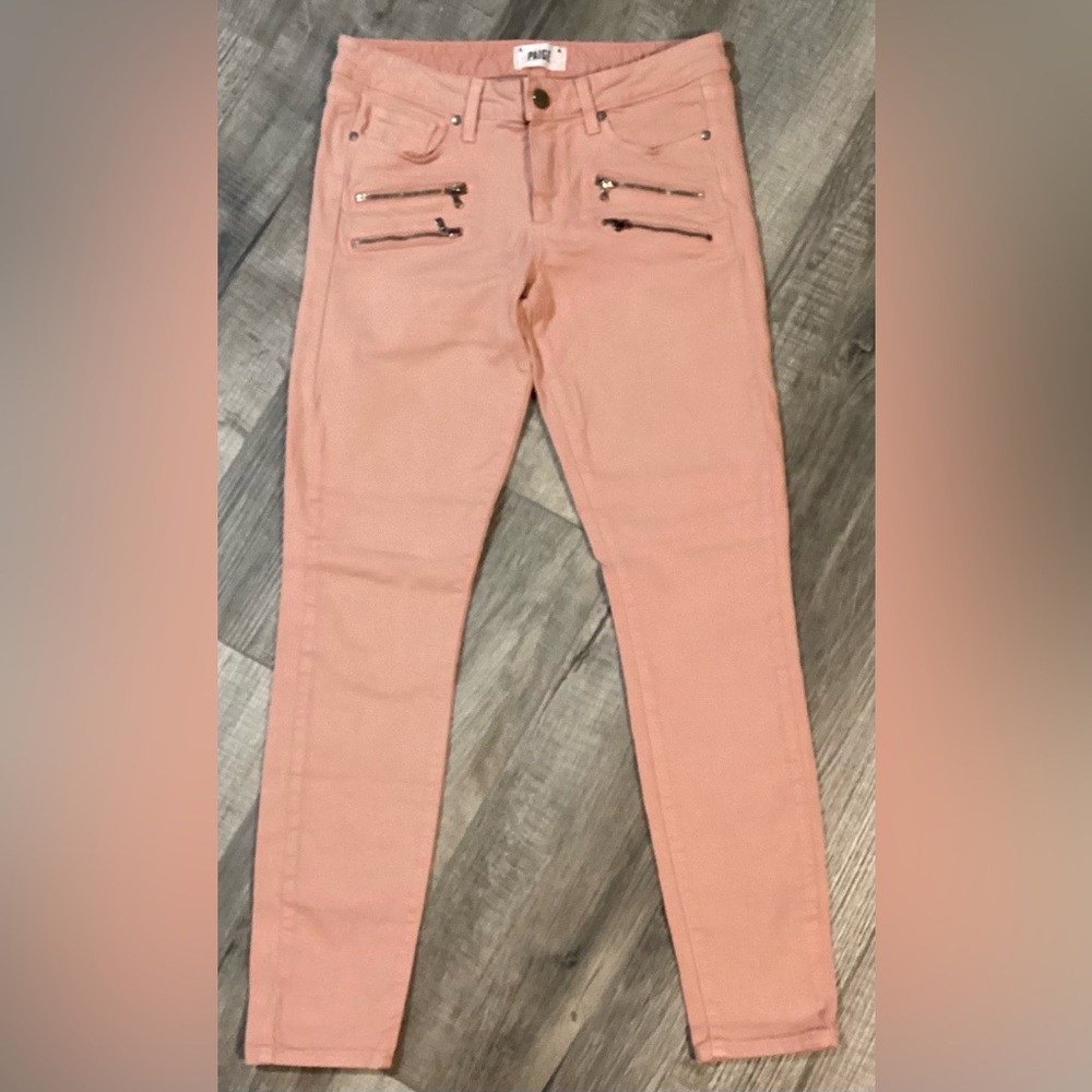 Paige Denim Muted Pink Edgemont Pink Zipper Moto Skinny Jeans Stretch Size 30